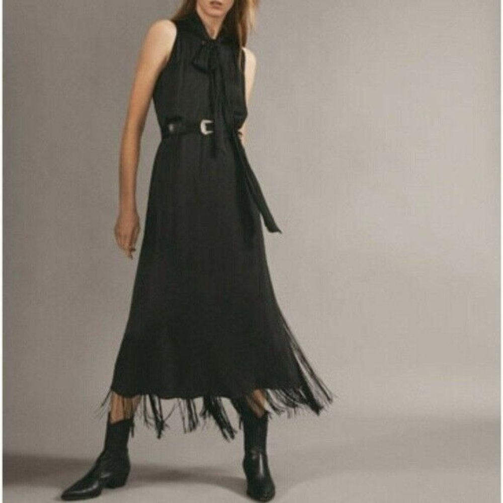Massimo Dutti Maxi Dress Black Satin Sleeveless Tie Neck Fringe Slit - Picture 2 of 10